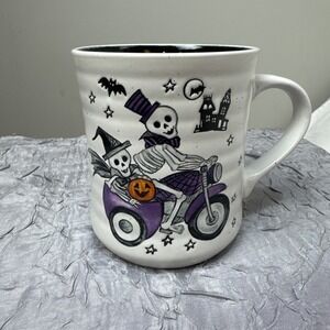 Cobwebs & Cauldrons Halloween Skeleton Motorcycle Ceramic Coffee Mug White Black